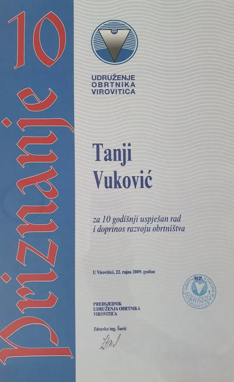 Priznanje Udruženja obrtnika Virovitica za 10 godina uspješnog rada, 2009.