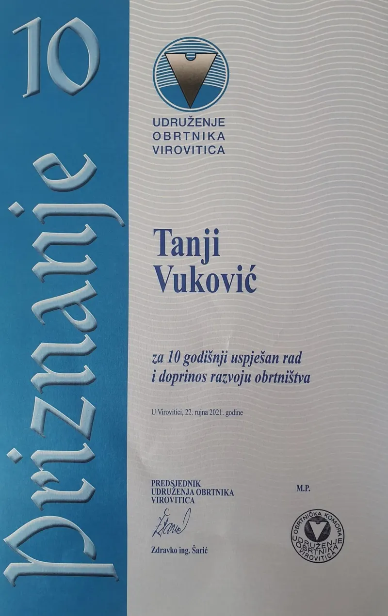 Priznanje Udruženja obrtnika Virovitica za 10 godina uspješnog rada, 2021.